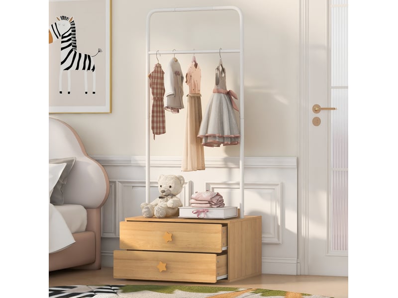  Meuble de rangement avec tringle, 2 tiroirs et crochets étoilés pour chambre enfant, bois clair, 70 × 55 × 168 cm  - Conforama B
