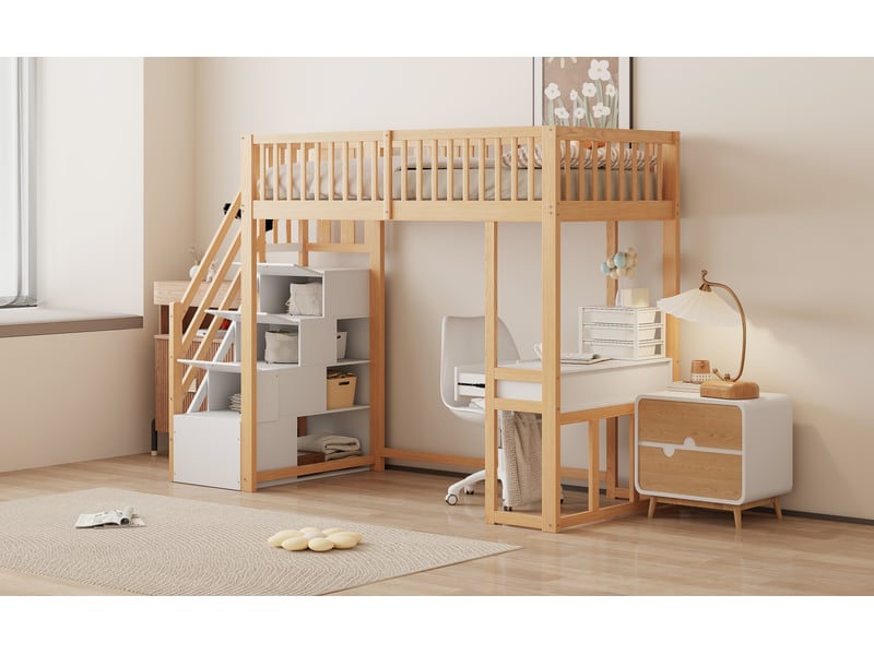  Lit mezzanine 90x200 cm avec bureau intégré et escalier de rangement – blanc et chêne – sans matelas  - Conforama B