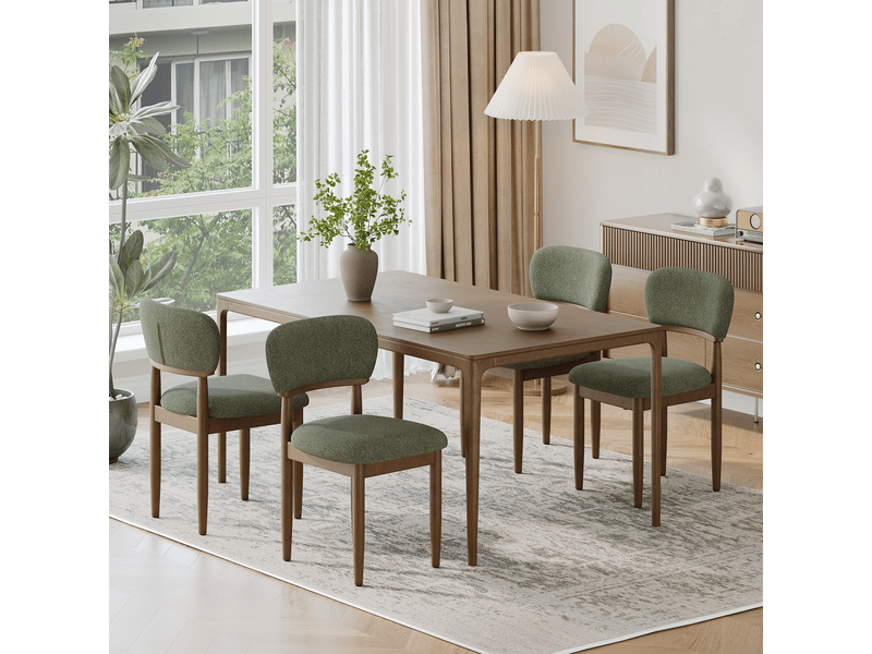 Lot de 4 chaises de salle à manger rembourrées, dossier ergonomique, tissu texturé respirant, structure en bois massif, style moderne, vert - Conforama B