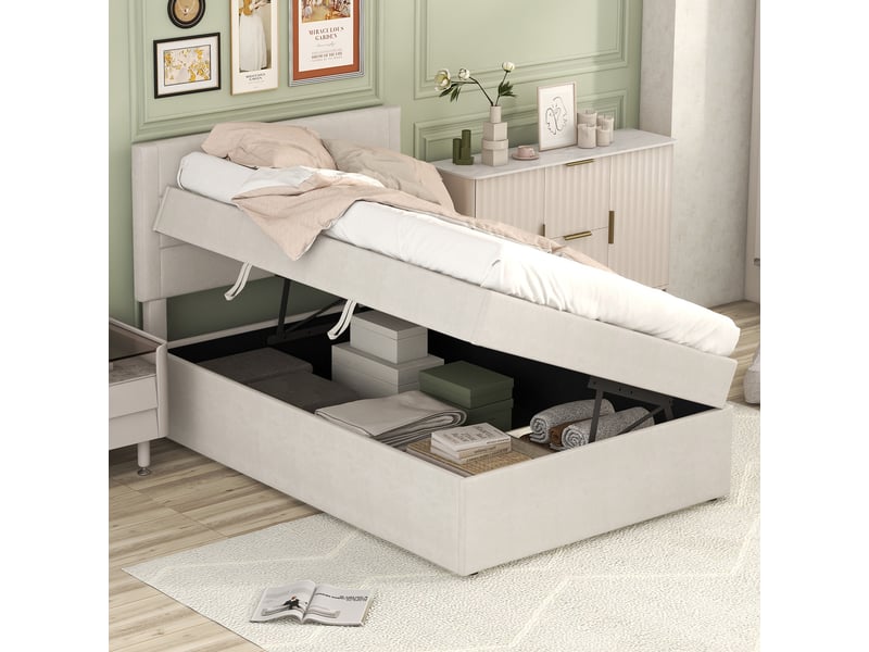  Lit rembourré 90 x 200 cm sans matelas, sommier à lattes, grand rangement, beige pour chambre  - Conforama C