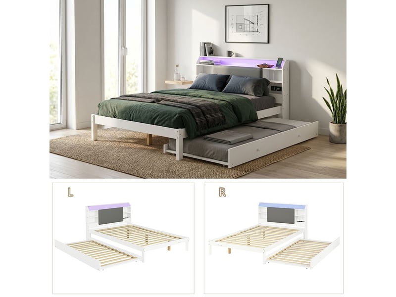  Lit banquette 120x200 cm avec lit gigogne 90x190 cm-led et prise de charge-tête de lit rembourrée avec rangement-blanc  - Conforama D