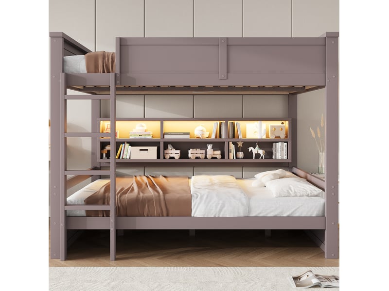  Lit superposé 160x200 cm 6 rangements, lit enfant avec led, mobilier de chambre, bois et mdf, marron sans matelas  - Conforama B