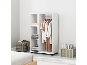 Armoire ouverte à roulettes 80x40x128 cm avec tringle et 3 étagères en panneau de particules blanc
