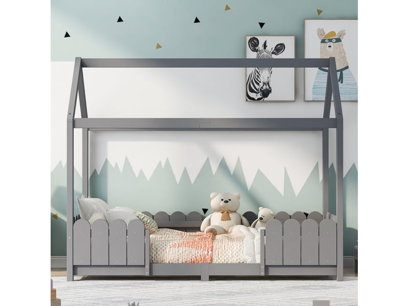  Modenvie lit cabane enfant 90x200 cm - avec barrière de sécurité, sommier inclus - gris  - Conforama E