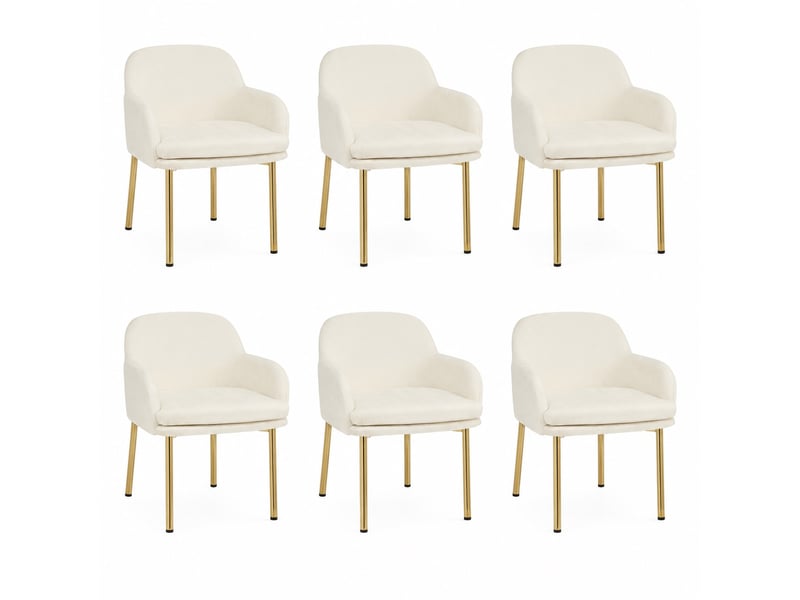 Lot de 6 chaises de salle à manger en polyester blanc avec accoudoirs, dossier ergonomique, pieds métal, patins réglables, charge 125 kg - Conforama A