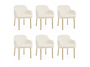 Lot de 6 chaises de salle à manger en polyester blanc avec accoudoirs, dossier ergonomique, pieds métal, patins réglables, charge 125 kg