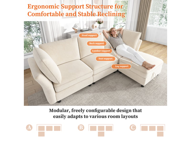  Canapé d'angle modulable 4 places en tissu chenille beige  - Conforama C