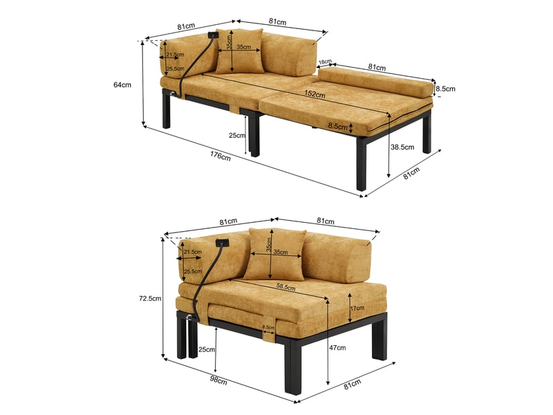  Canapé-lit 1 place 98.0x82.0x16.0 cm pliant et coulissant, bois et velours jaune  - Conforama E