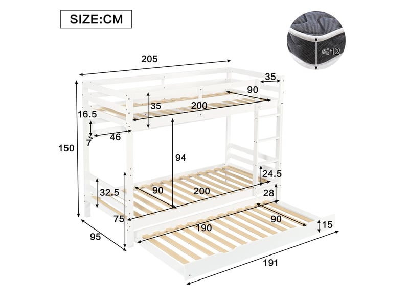  Lit superposé enfant ulevr 90x200 cm avec lit gigogne à roulettes, échelle à 4 marches, étagères de 2 m, pin, mdf et contreplaqué, blanc  - Conforama C