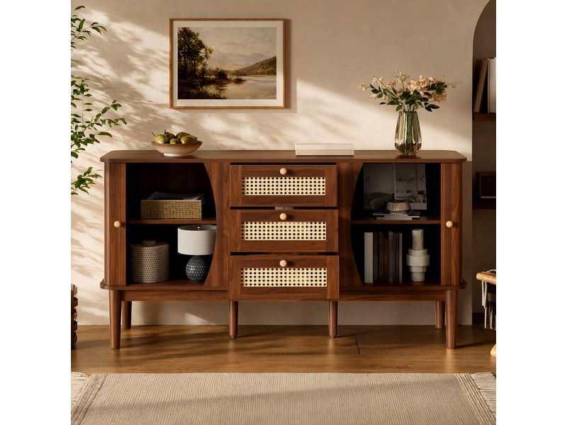  Buffet de rangement 141x40x77 cm, façades en rotin, portes coulissantes, 3 tiroirs, grand rangement pour salon et séjour - noyer GL1745D-1 - Conforama B