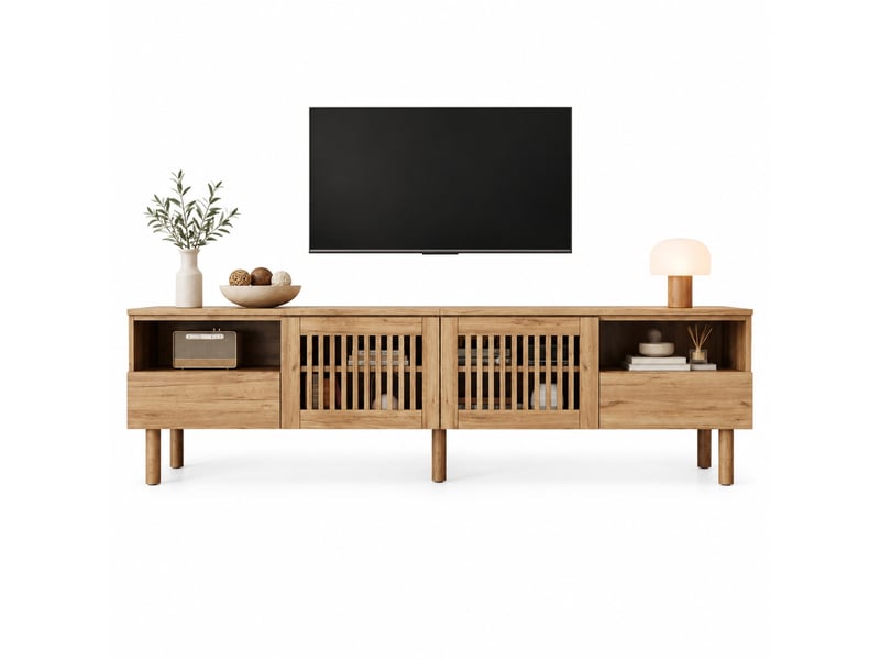  Meuble tv 180x40x51 cm en mdf coloris bois naturel avec 2 portes et 2 tiroirs  - Conforama A