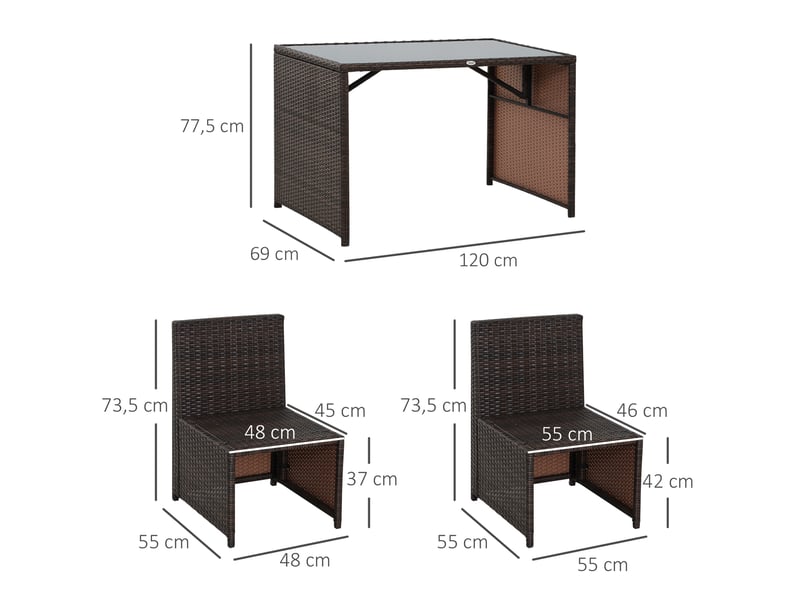  Salon de jardin 5 pièces avec table, 4 chaises à rangement et coussins en résine tressée marron et kaki 120 × 69 × 77,5 cm  - Conforama D