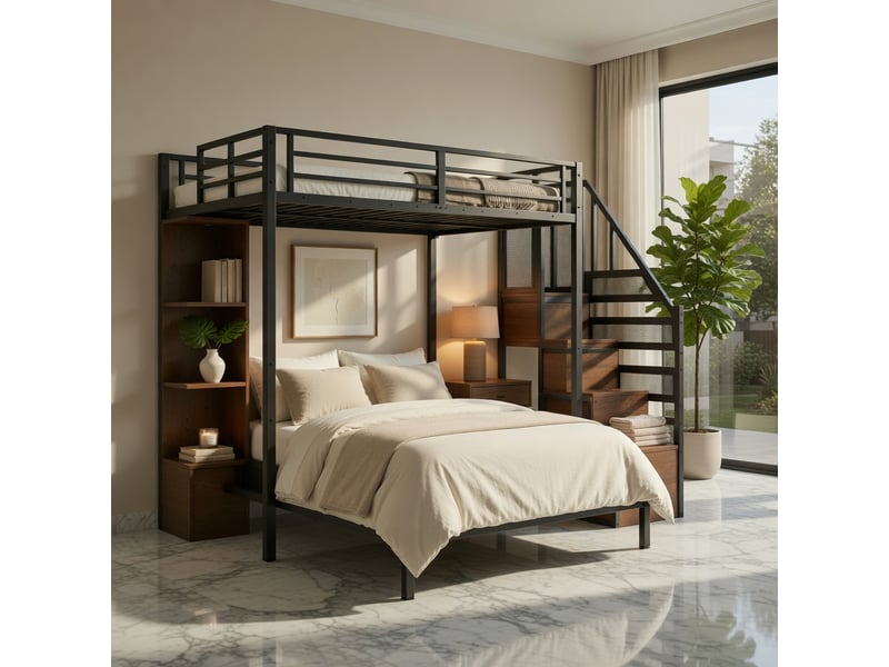  Gutenacht lit mezzanine 90x200 cm noir en métal avec penderie, bureau, prises et led  - Conforama C