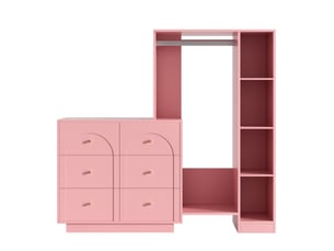 Dressing ouvert avec tringle, 6 tiroirs et étagères, rose, 139 x 35 x 133 cm
