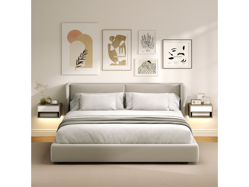  Ensemble de 2 tables de chevet suspendues avec led rgb intégrées et réglables via application, tiroir et étagère, 37 x 32 x 21 cm, couleur bois blanc  - Conforama D