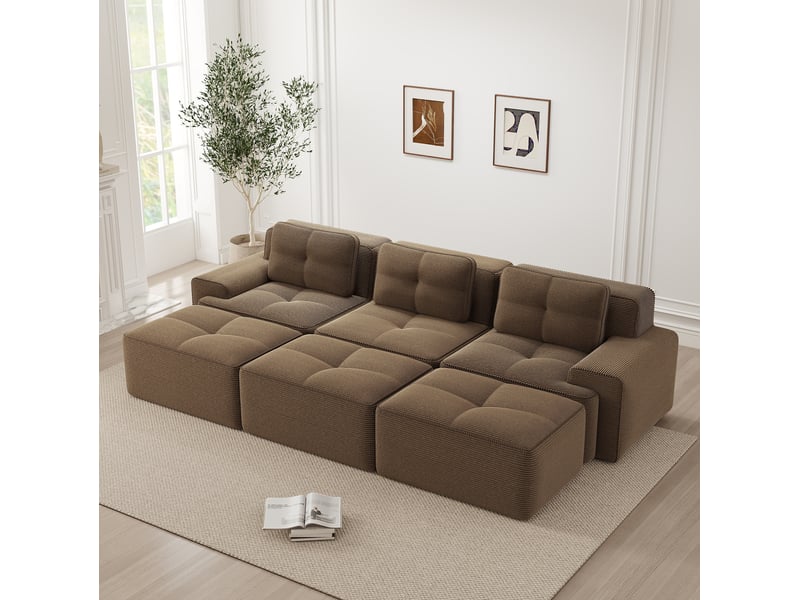  Canapé d’angle modulable convertible 3 places en velours côtelé marron avec 3 poufs  - Conforama C