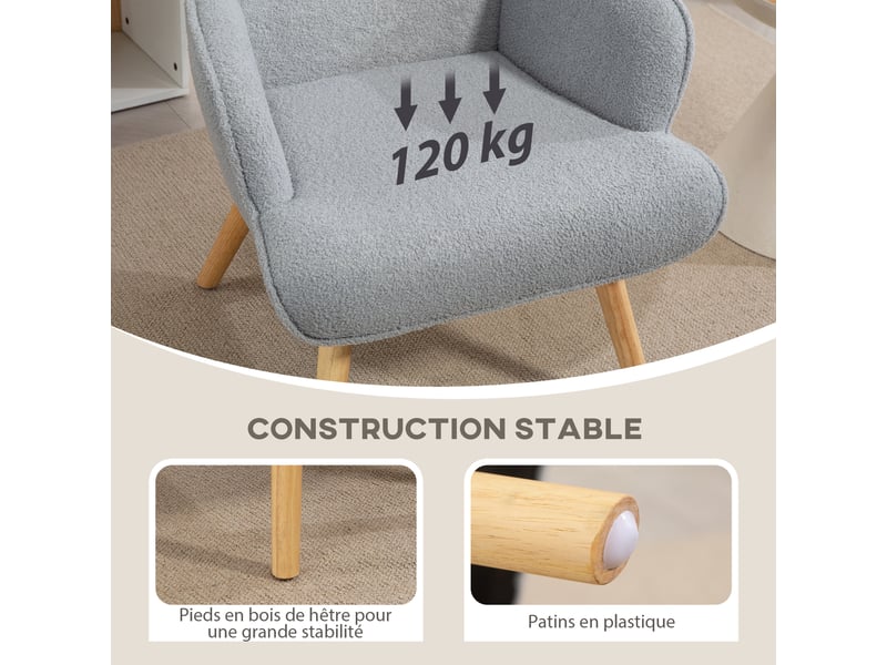  Fauteuil de salon en tissu bouclette, 71 x 74 x 96 cm, fauteuil capitonné et rembourré avec pieds en bois, gris clair  - Conforama R