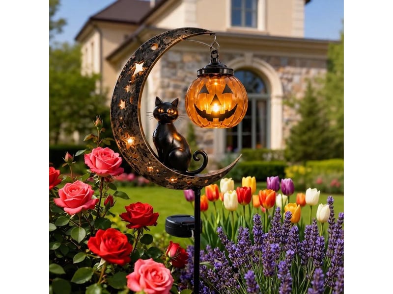  Lampe solaire de jardin halloween avec chat noir, citrouille et lune, piquet lumineux led étanche en métal pour pelouse, allée et terrasse  - Conforama D