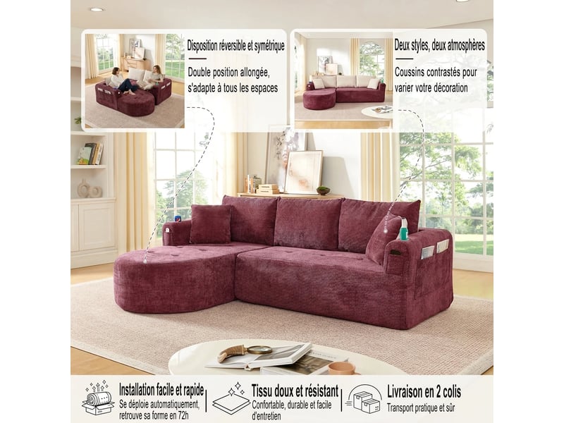  Canapé d'angle en l 3 places rouge bordeaux style canapé nuage avec porte-gobelet en acier  - Conforama E