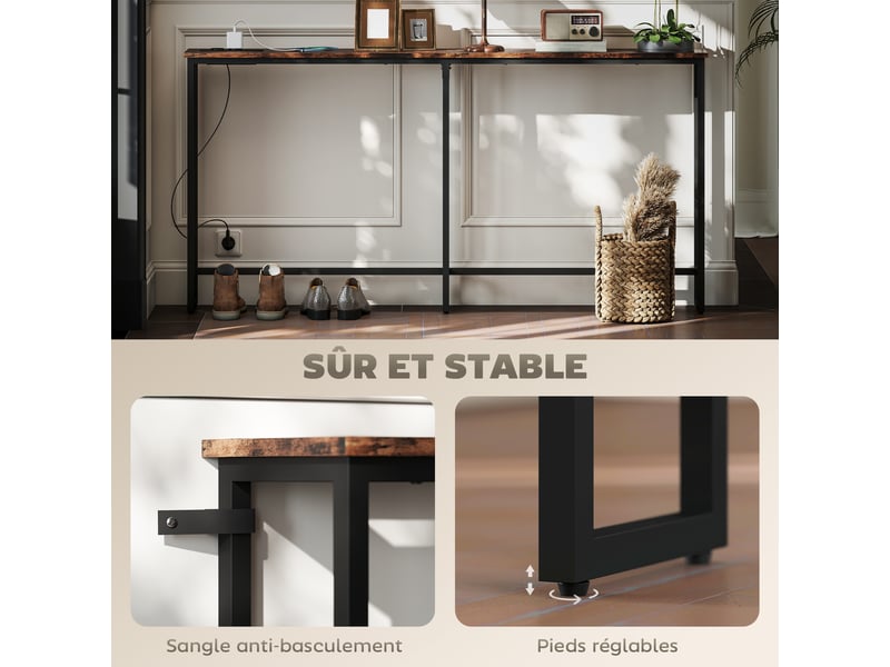  Table console étroite style industriel avec prises de courant et usb, pour salon entrée couloir, marron, 160x20x80cm  - Conforama E