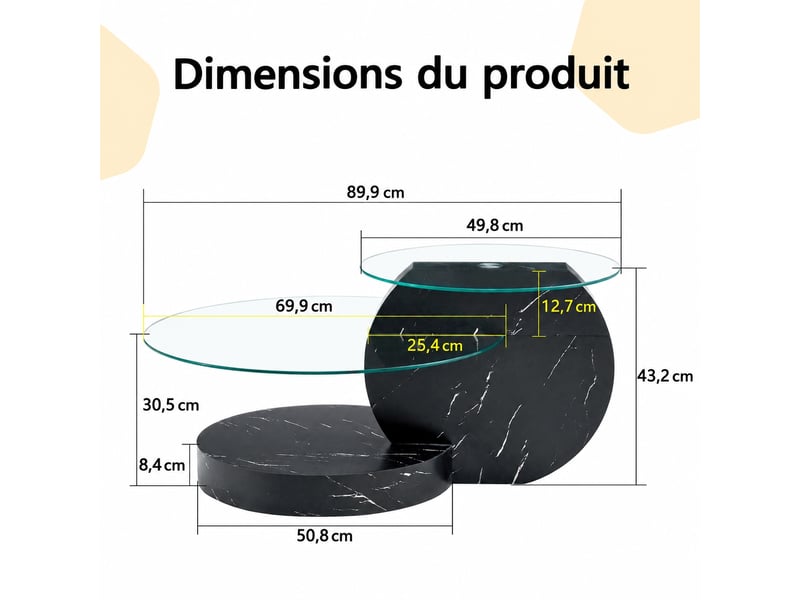 Table basse moderne en verre trempé à plusieurs niveaux, 89,9 x 69,9 x 43,2 cm, noire et transparente - Conforama C