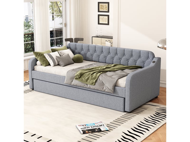  Lit banquette 90x200 cm - lit simple avec rollbed intégré - lin et mdf - sans matelas - gris  - Conforama D