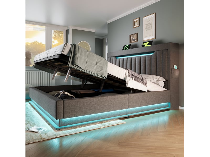  Lit coffre 160x200 cm avec tête de lit de rangement, usb et type-c avec matelas, led, lin, gris  - Conforama E