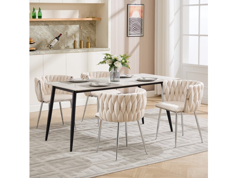  Chaise de salle à manger lot de 2, dossier bas tissé et structure métallique argentée, en velours ivoire  - Conforama D