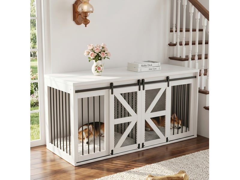  Cage d’intérieur 2 compartiments 160x60x75 cm mdf métal blanc à portes coulissantes  - Conforama B