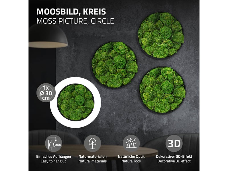 Ecd germany tableau en mousse boule stabilisée véritable, forme ronde ø 30 cm, vert, décoration murale végétale d'intérieur, cadre en mdf, sans arrosage ni entretien, effet 3d, pièce unique ECD Germany GmbH - Conforama B