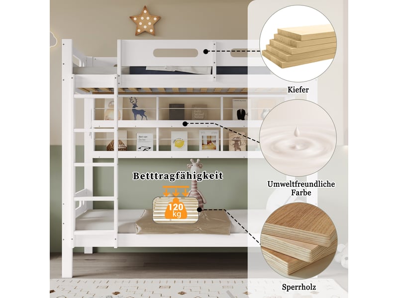  Lit simple 90x200 cm, lit superposé avec barrières de sécurité et échelle à cinq marches, lit enfant avec cadre en pin, blanc  - Conforama W