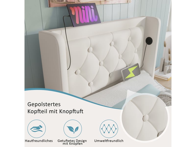 Lit rembourré 90*200 cm avec usb-c, led 3 côtés et coffre hydraulique, lit simple blanc pu, matelas inclus  - Conforama E