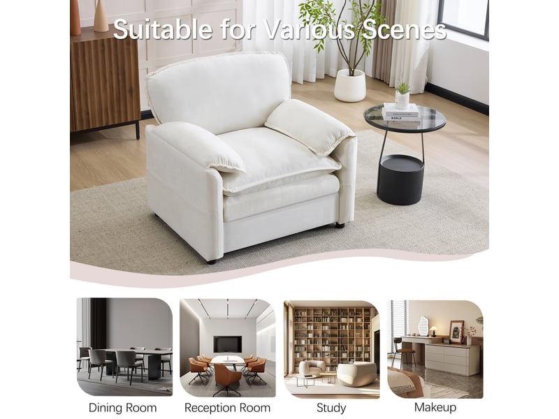  Fauteuil de salon rétro avec doubles poches latérales  - assise rembourrée, chenille - blanc  - Conforama E