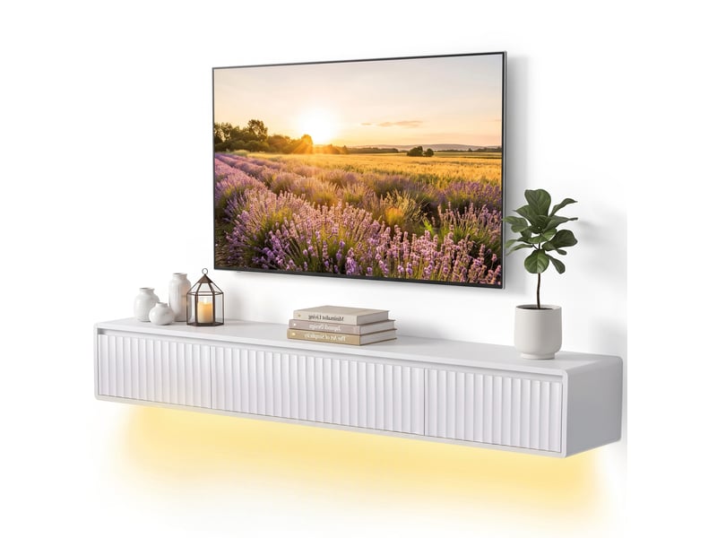  Meuble tv suspendu 2 tiroirs 1 abattant led et prises blanc 160 x 29,5 x 23,5 cm  - Conforama B