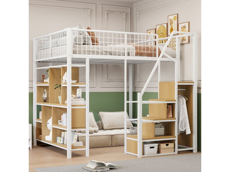  Lit mezzanine multifonctionnel 140 x 200 cm blanc, lit métal avec rangement, étagères et escalier  - Conforama C