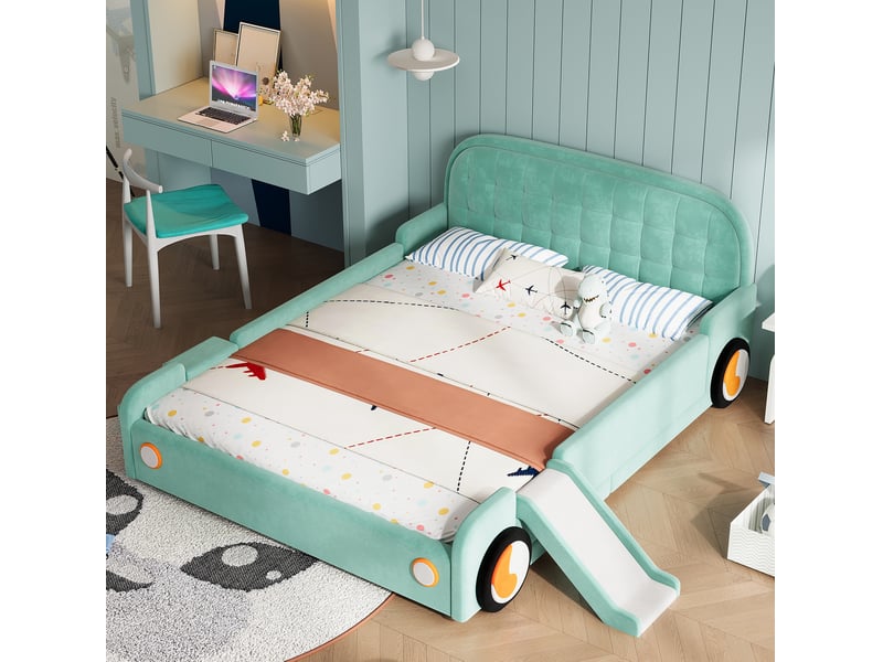  Lit enfant modenvie voiture avec toboggan et échelle réversibles, velours bleu-vert, 140 x 200 cm  - Conforama E