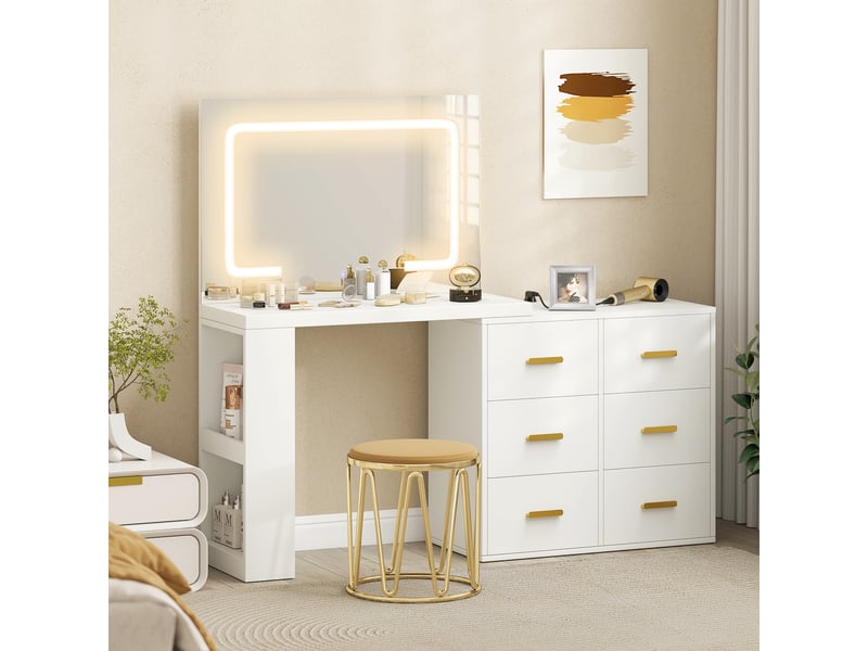  Coiffeuse de chambre avec miroir, éclairage led réglable, 6 tiroirs, 2 étagères et prises électriques, blanche  - Conforama D