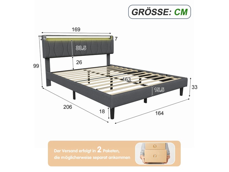  Lit 160x200cm - lit double 160x200cm - lit rembourré en tissu avec tête de lit à étagère, led, usb et prise de charge - gris  - Conforama E