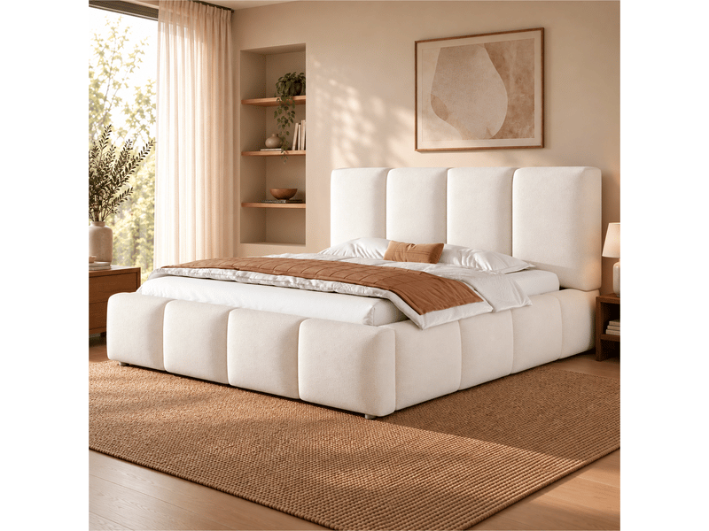 Lit coffre 2 places 180x200 cm avec rangement hydraulique, sommier à lattes, tête de lit capitonnée à rayures verticales, tissu bouclé blanc - Conforama C