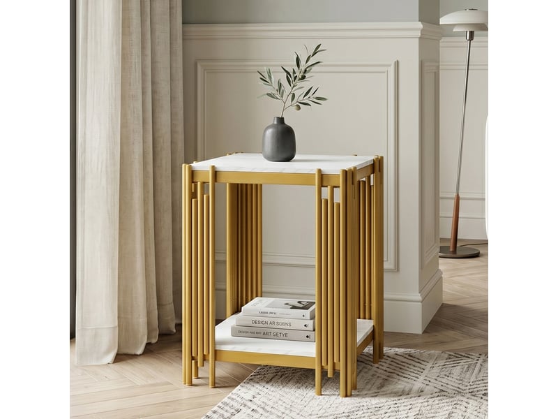  Table d'appoint double plateaux en métal avec effet marbre, pieds à tiges verticales, design moderne pour salon et chambre  - Conforama B