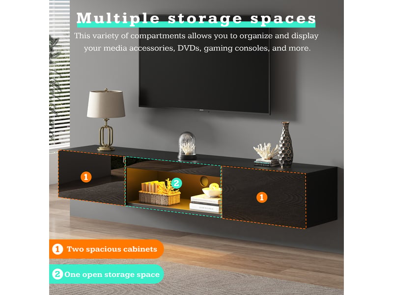  Meuble tv mural noir brillant 160 cm avec éclairage led, rangement à 2 portes, pour téléviseur jusqu'à 70 pouces  - Conforama R