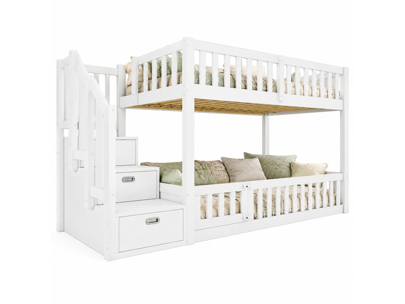  Lit superposé 90x200 cm, pour chambre, espace de rangement, avec escalier de rangement, bois mdf, blanc, sans matelas  - Conforama A
