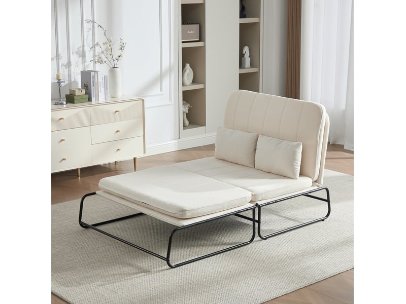 Canapé convertible 2 places avec couchage et poches latérales, structure métallique en chenille beige - Conforama E