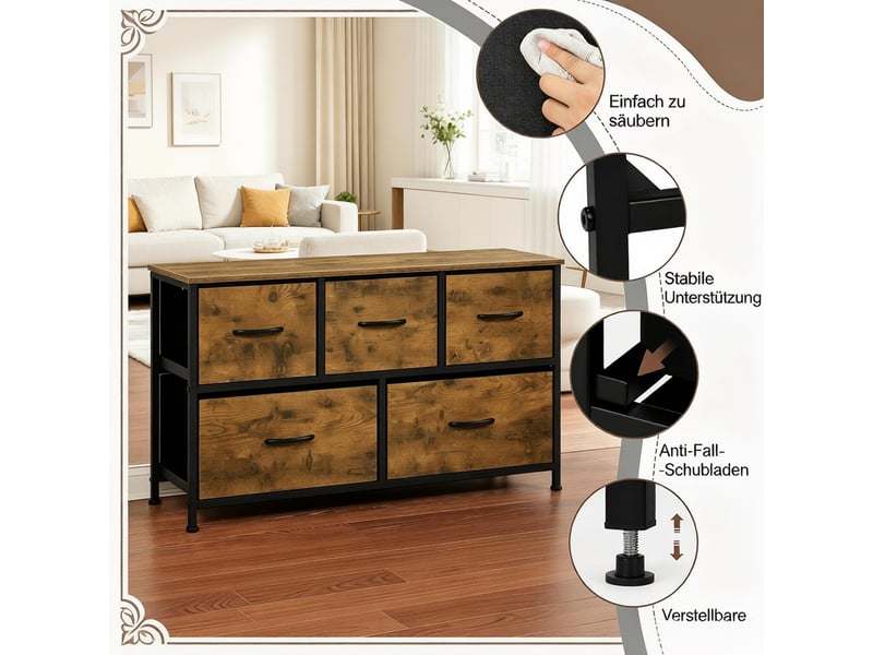  Commode de rangement 5 tiroirs avec pieds réglables - lpospi - métal, tissu et mdf marron vintage 100 × 54 × 30 cm  - Conforama E