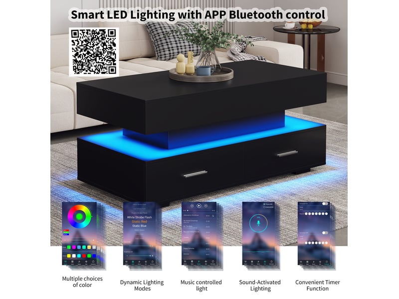  Table basse relevable avec 2 tiroirs, niche ouverte, led et rangement intégré pour salon, 100 × 50 × 44 cm  - Conforama E
