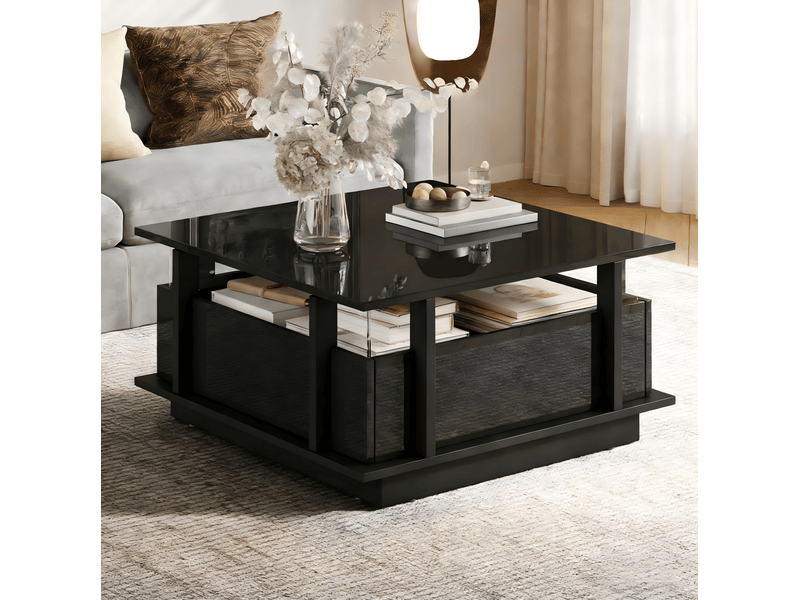  Table basse carrée 70x70x35 cm, meuble salon éclairage led, panneau acrylique, 2 tiroirs, panneau de particules, noir  - Conforama B