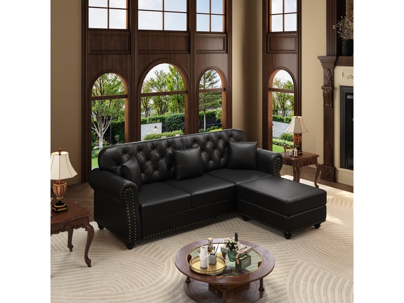  Canapé chesterfield 3 places 210x76x86 cm, canapé de salon, pouf inclus, mousse et ressorts ensachés, accoudoirs arrondis, pu - noir CozyNest - Conforama B