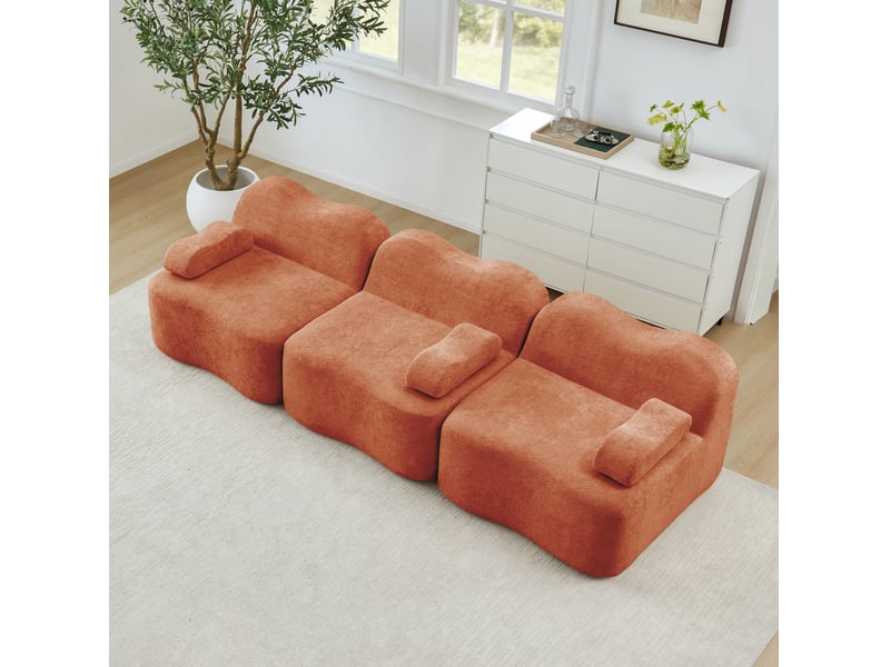  Canapé 3 places modulaire sans cadre en velours orange, forme ondulée  - Conforama C