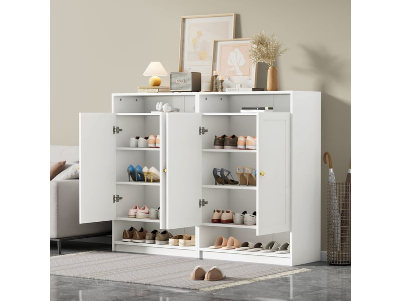  Meuble à chaussures blanc 146 × 34 × 109 cm, panneau de particules, 2 portes, étagères réglables, rangements ouverts  - Conforama E