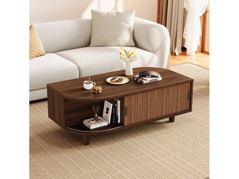  Table basse 100x50x35 cm coloris noyer avec portes coulissantes  - Conforama B